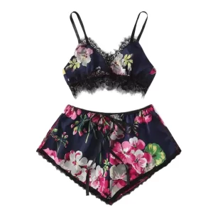 2 PCS Sexy Lace Lingerie Set for Women Floral Print Cami and Lace Strap Sleepwear Sexy Nightwear for Comfort and Seduction