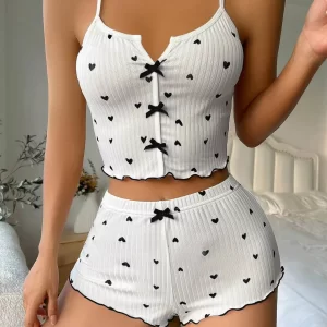 Women Cute Pajama Set Heart Print Lettuce Trim Bow Front Cami Top and Shorts Pj Set Soft Sleepwear